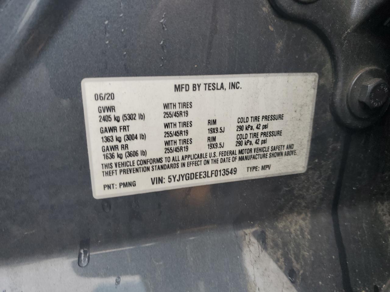 2020 Tesla Model Y VIN: 5YJYGDEE3LF013549 Lot: 83772765