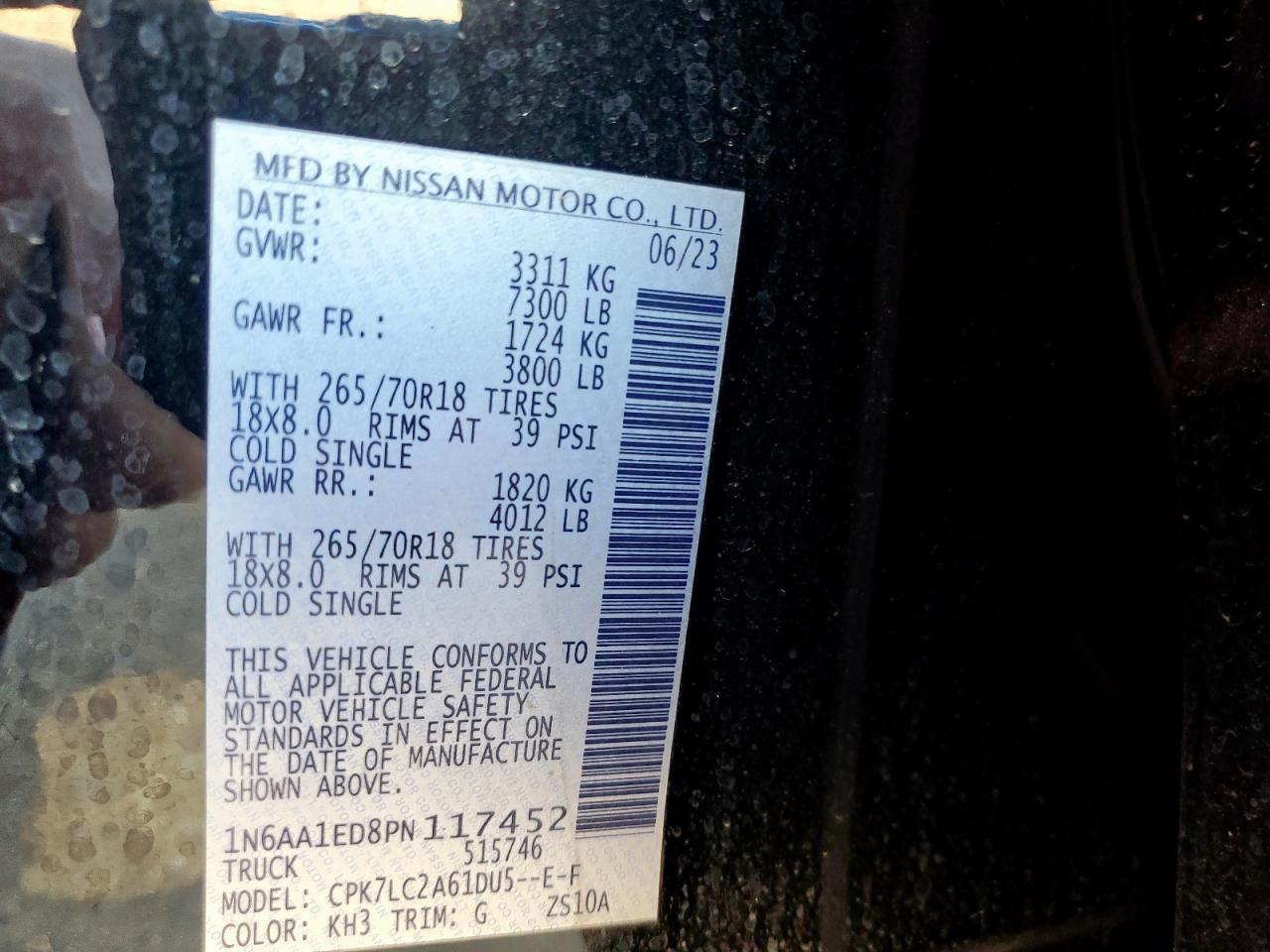 2023 Nissan Titan Sv VIN: 1N6AA1ED8PN117452 Lot: 84575635