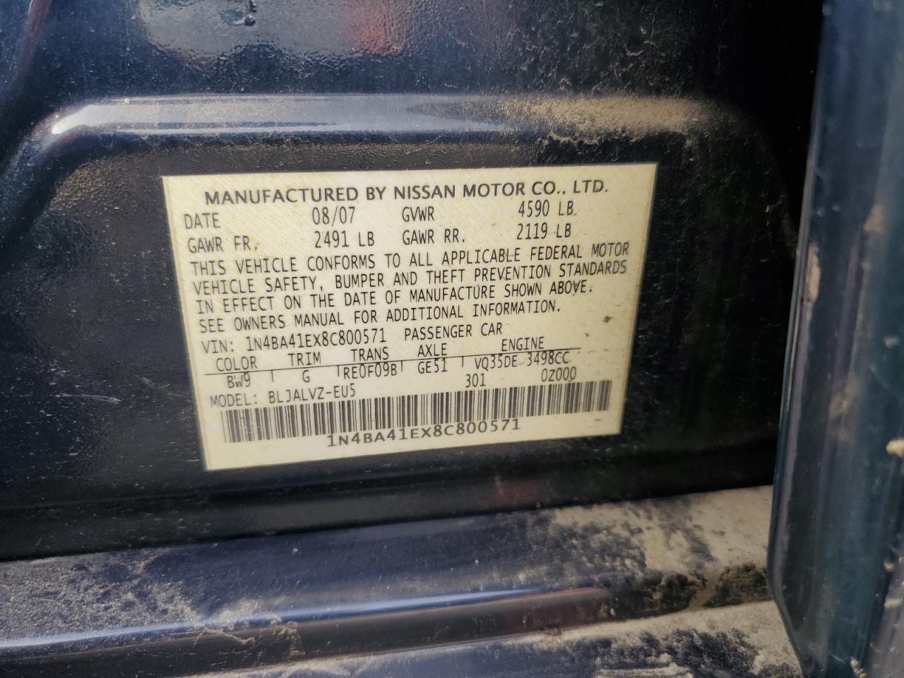 2008 Nissan Maxima Se VIN: 1N4BA41EX8C800571 Lot: 80729275
