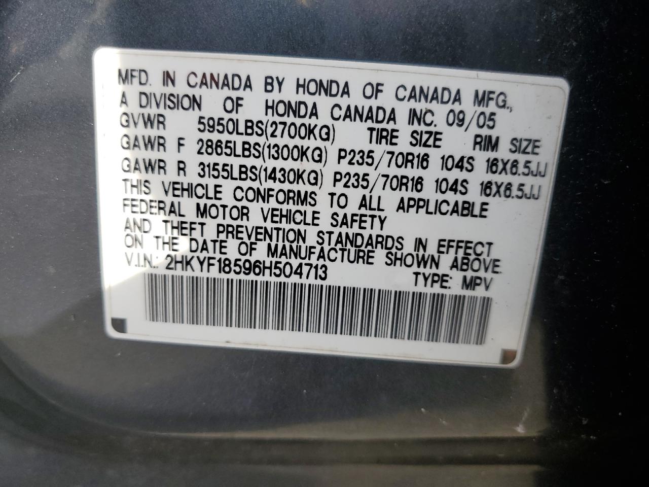 2006 Honda Pilot Ex VIN: 2HKYF18596H504713 Lot: 81767915