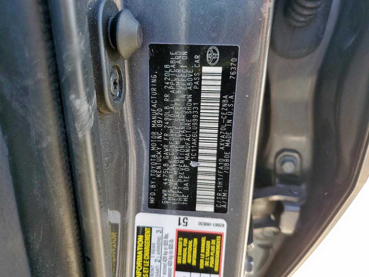 2020 Toyota Camry Le VIN: 4T1C11AK6LU999331 Lot: 83757165