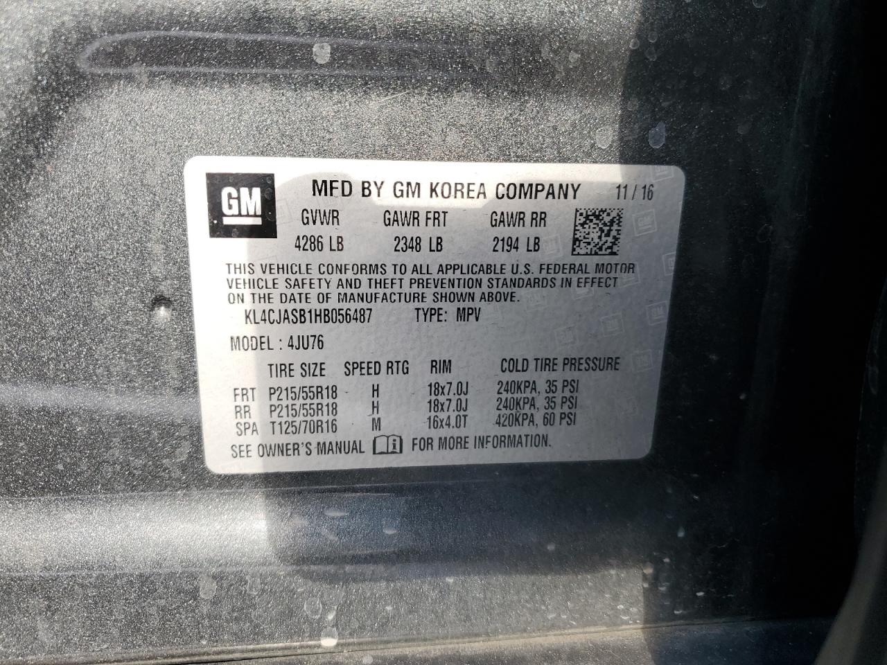 2017 Buick Encore Preferred VIN: KL4CJASB1HB056487 Lot: 81620795