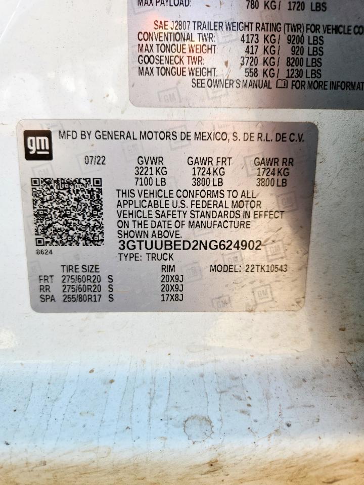2022 GMC Sierra K1500 Sle VIN: 3GTUUBED2NG624902 Lot: 84302565