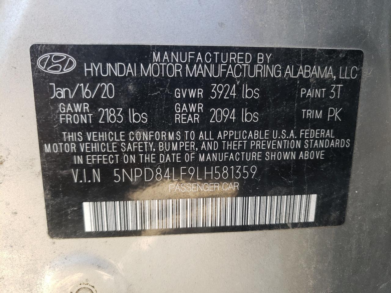 2020 Hyundai Elantra Sel VIN: 5NPD84LF9LH581359 Lot: 72004785