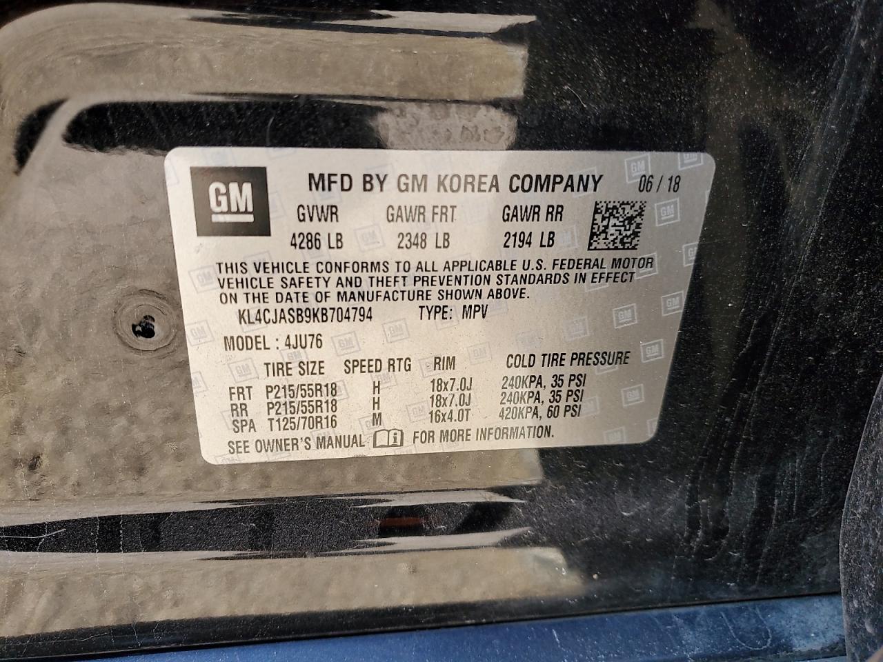 2019 Buick Encore Preferred VIN: KL4CJASB9KB704794 Lot: 71792535