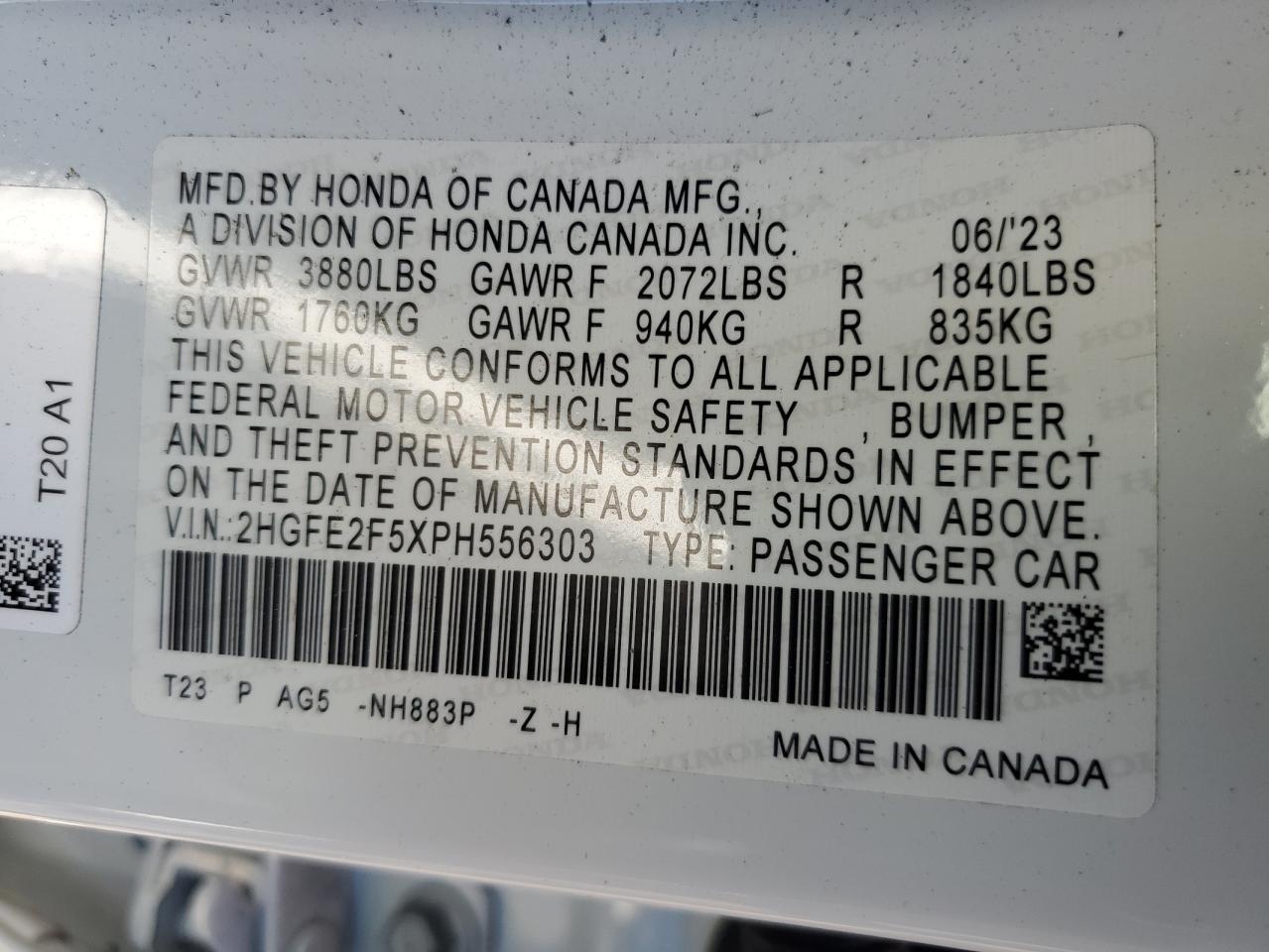 2023 Honda Civic Sport VIN: 2HGFE2F5XPH556303 Lot: 71556685