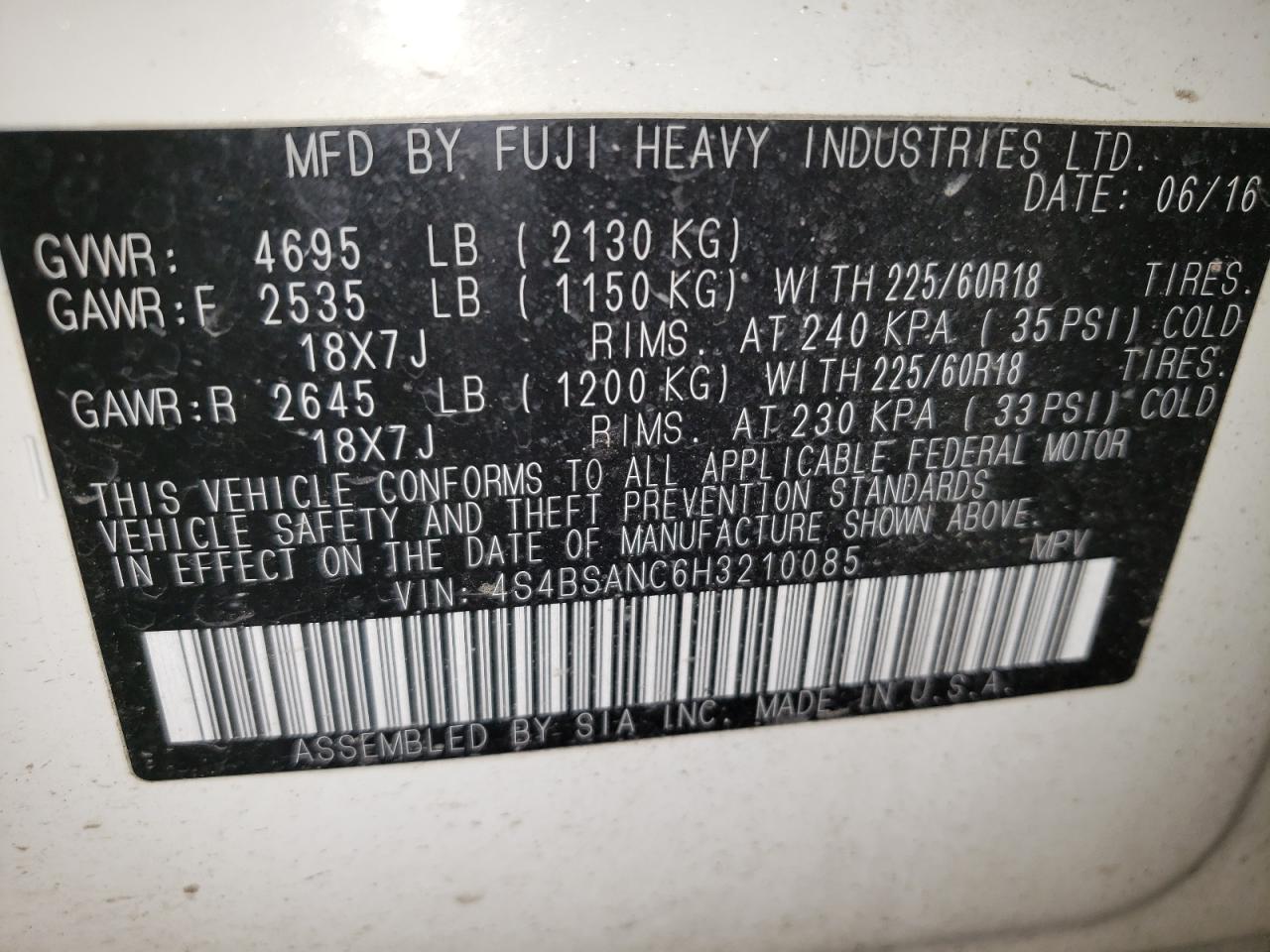 2017 Subaru Outback 2.5I Limited VIN: 4S4BSANC6H3210085 Lot: 80552205