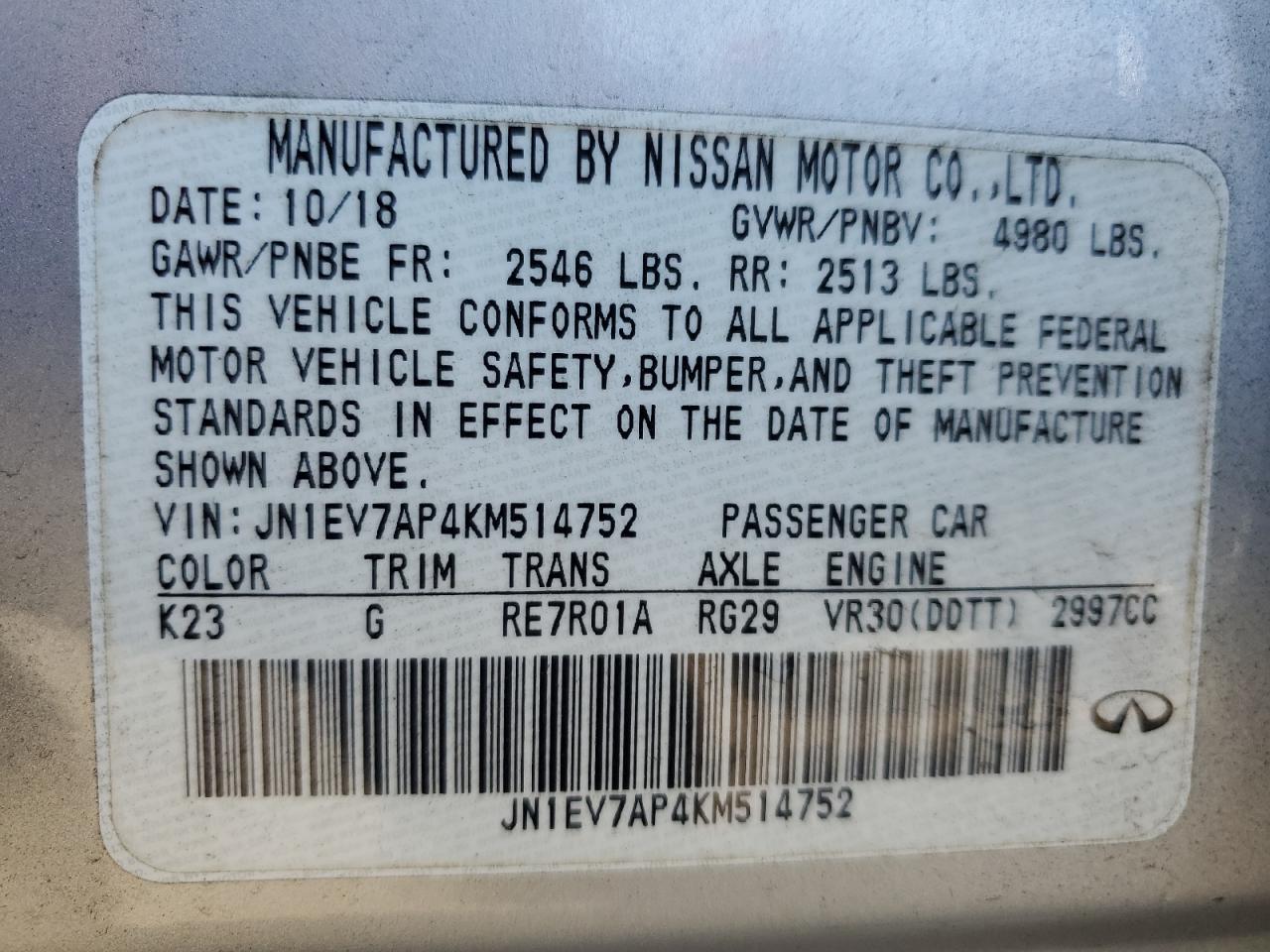 2019 Infiniti Q50 Luxe VIN: JN1EV7AP4KM514752 Lot: 83776345