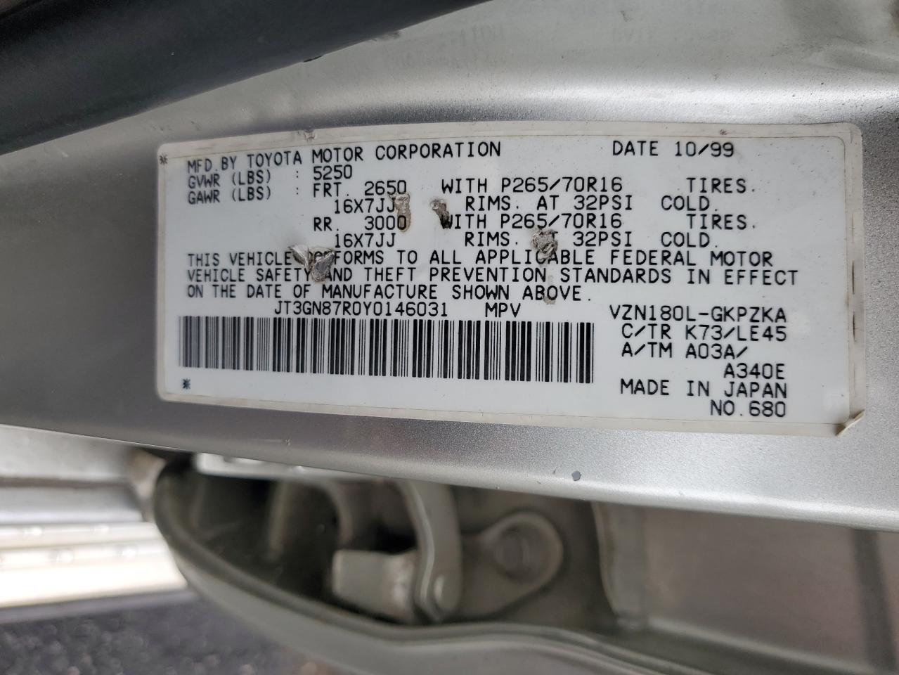 2000 Toyota 4Runner Limited VIN: JT3GN87R0Y0146031 Lot: 69860515