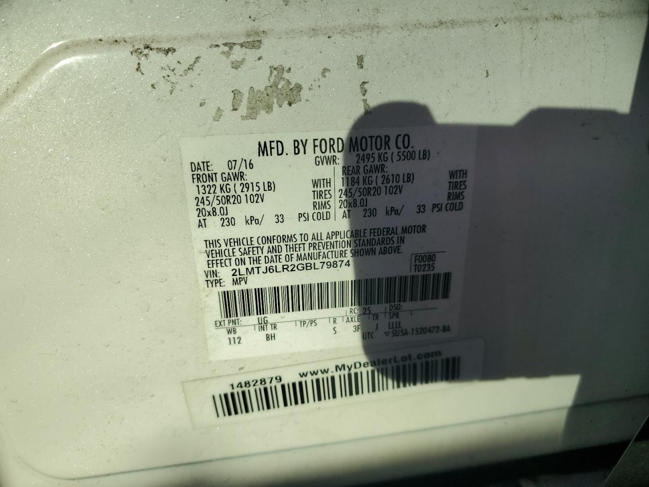 2016 Lincoln Mkx Reserve VIN: 2LMTJ6LR2GBL79874 Lot: 81470375