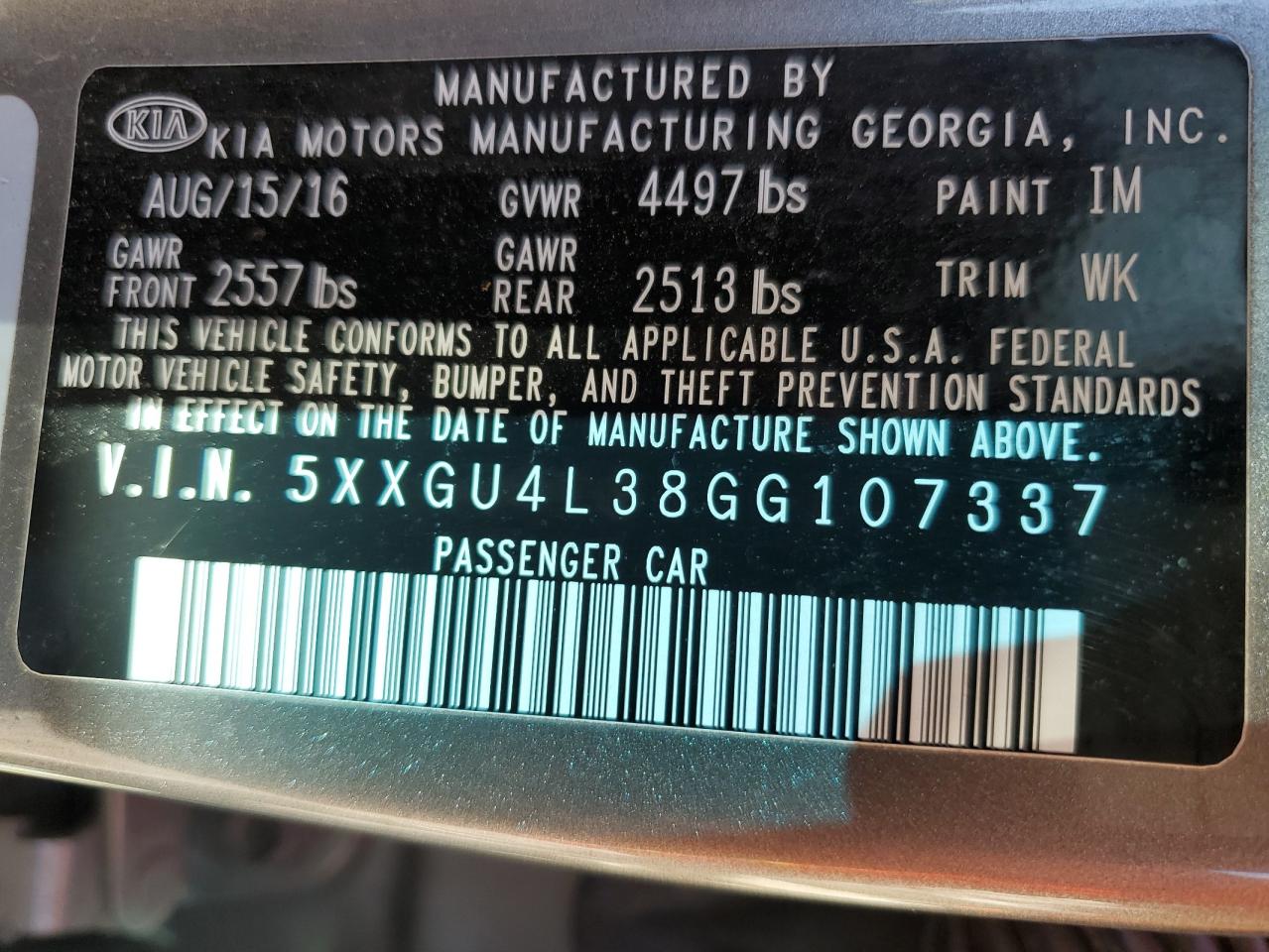 2016 Kia Optima VIN: 5XXGU4L38GG107337 Lot: 81964055