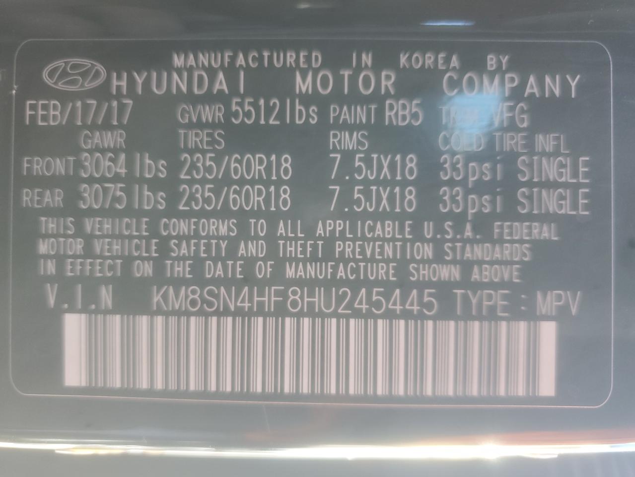 2017 Hyundai Santa Fe Se VIN: KM8SN4HF8HU245445 Lot: 71875965