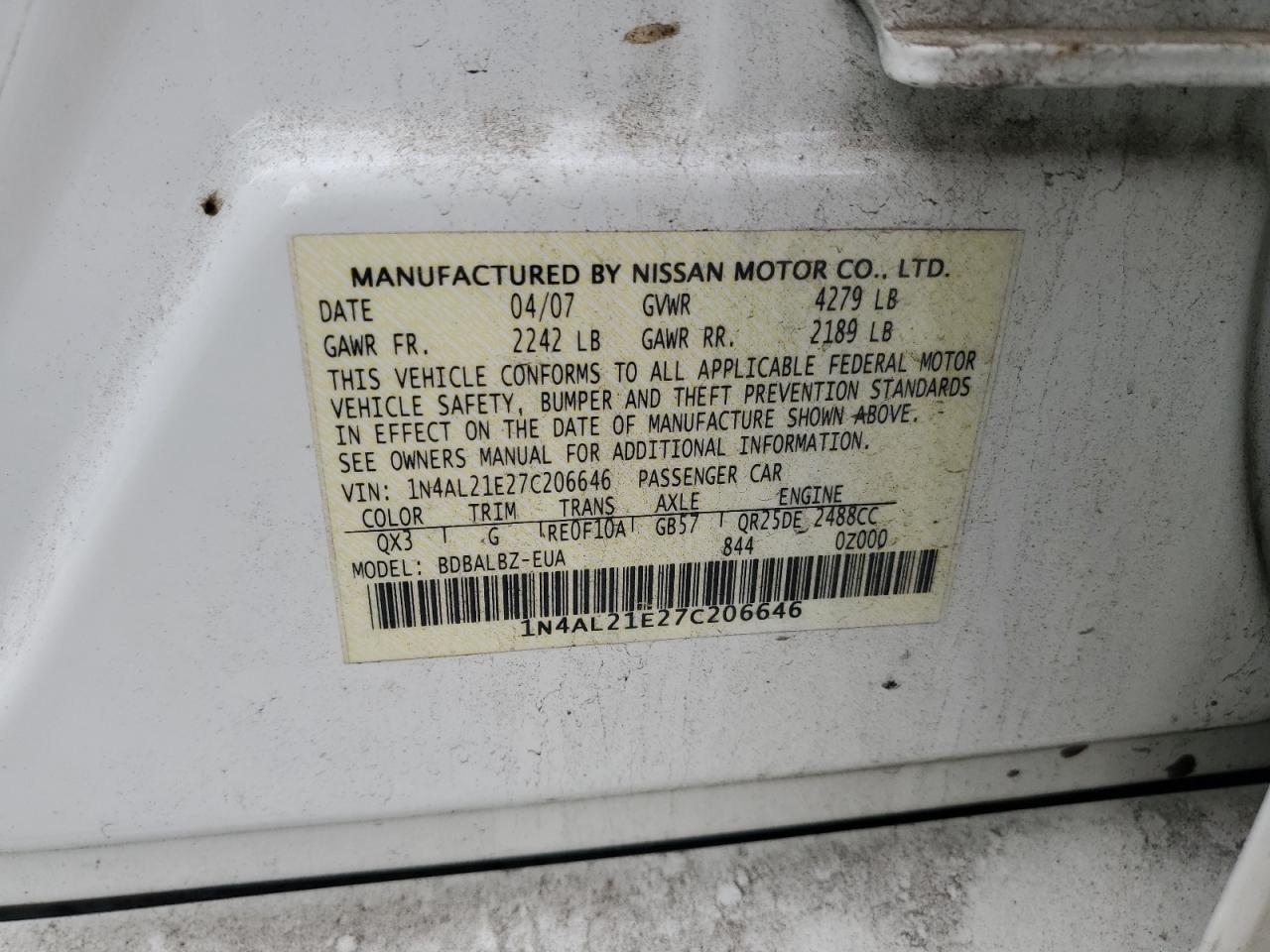 2007 Nissan Altima 2.5 VIN: 1N4AL21E27C206646 Lot: 82036095