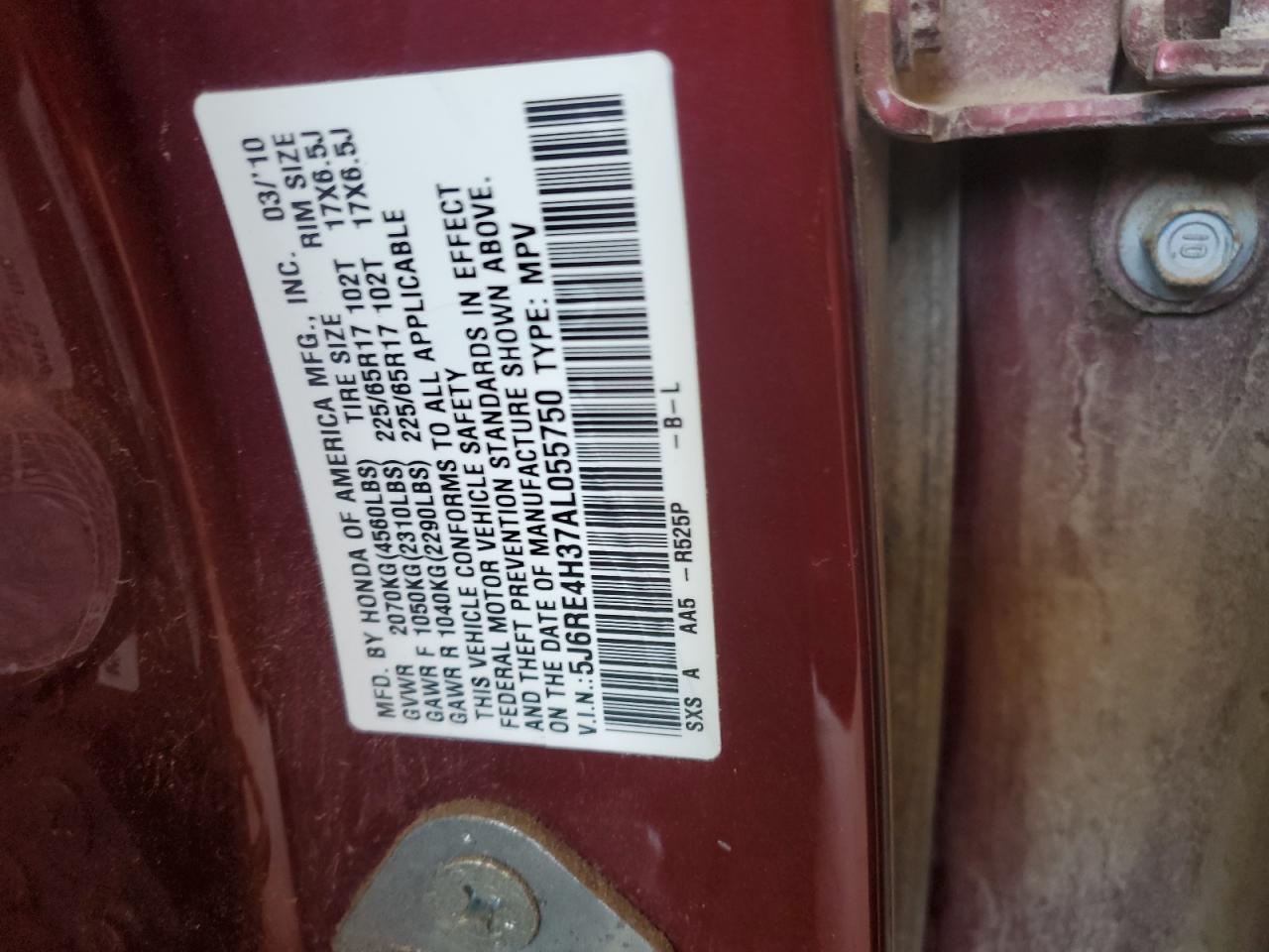 2010 Honda Cr-V Lx VIN: 5J6RE4H37AL055750 Lot: 84368475