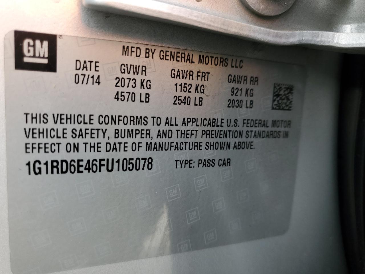 2015 Chevrolet Volt VIN: 1G1RD6E46FU105078 Lot: 84837585