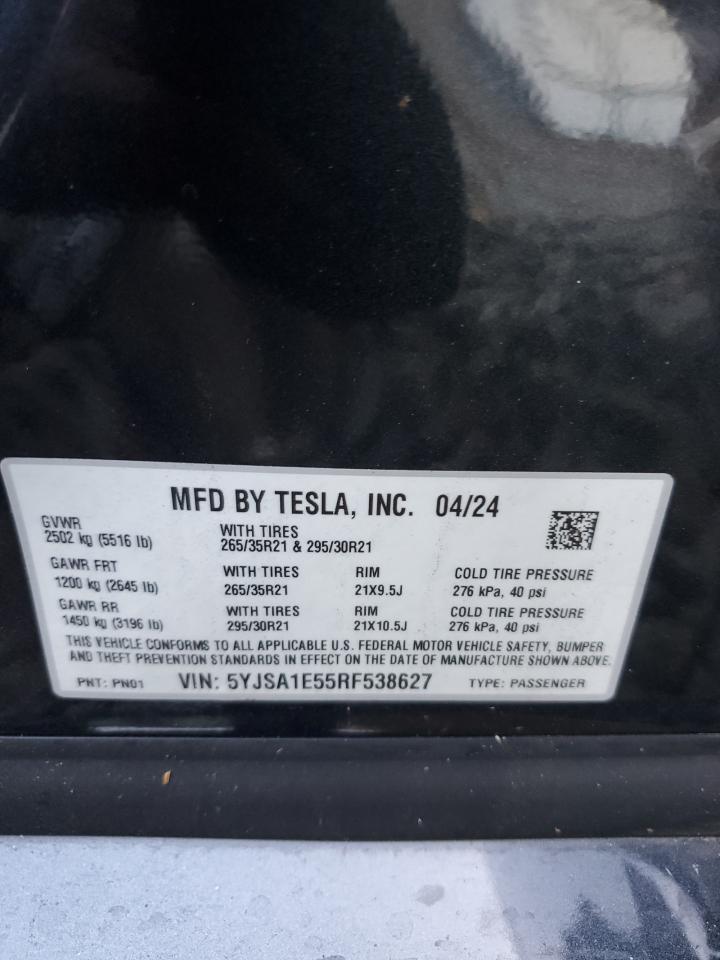 2024 Tesla Model S VIN: 5YJSA1E55RF538627 Lot: 80562345