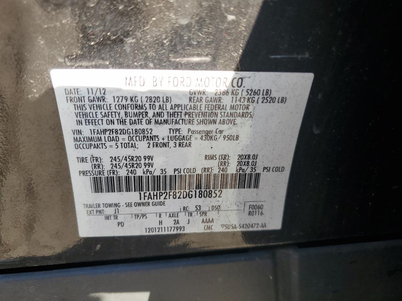 2013 Ford Taurus Limited VIN: 1FAHP2F82DG180852 Lot: 82155985