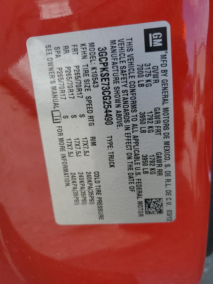 2012 Chevrolet Silverado K1500 Lt VIN: 3GCPKSE73CG254490 Lot: 71272235