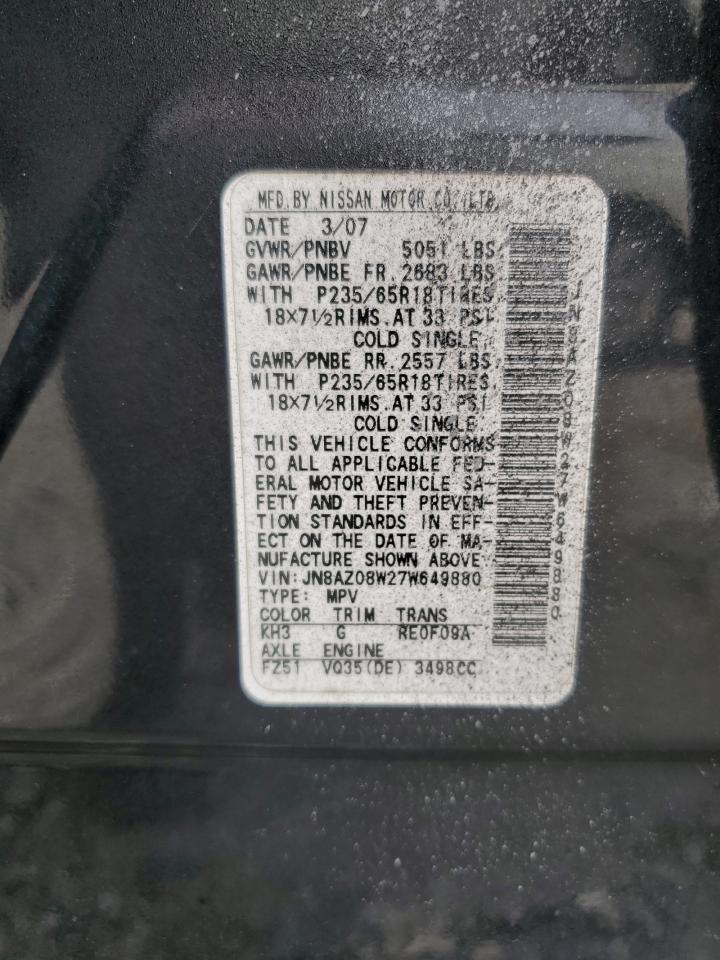 2007 Nissan Murano Sl VIN: JN8AZ08W27W649880 Lot: 84229345
