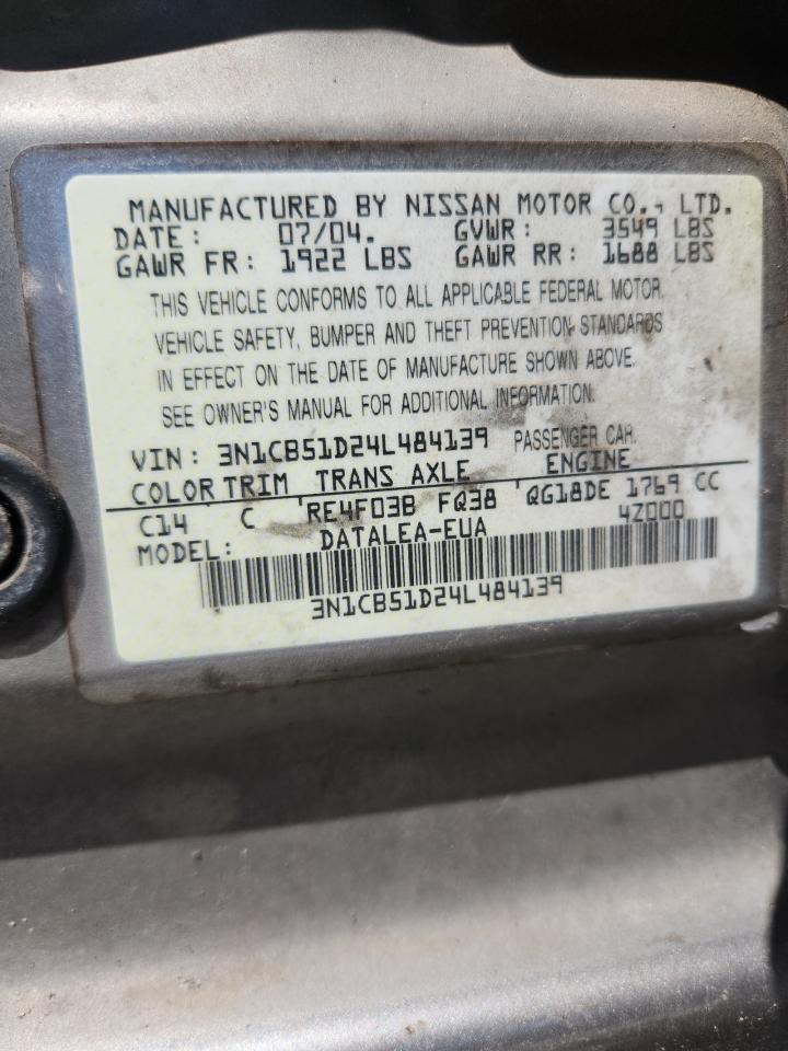2004 Nissan Sentra 1.8 VIN: 3N1CB51D24L484139 Lot: 81486225