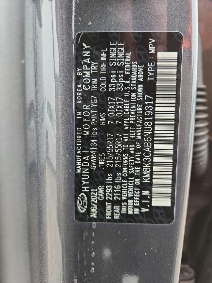 2022 Hyundai Kona Sel VIN: KM8K3CAB6NU819317 Lot: 83829995