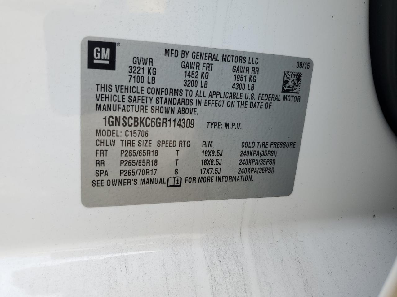 2016 Chevrolet Tahoe C1500 Lt VIN: 1GNSCBKC6GR114309 Lot: 71728445