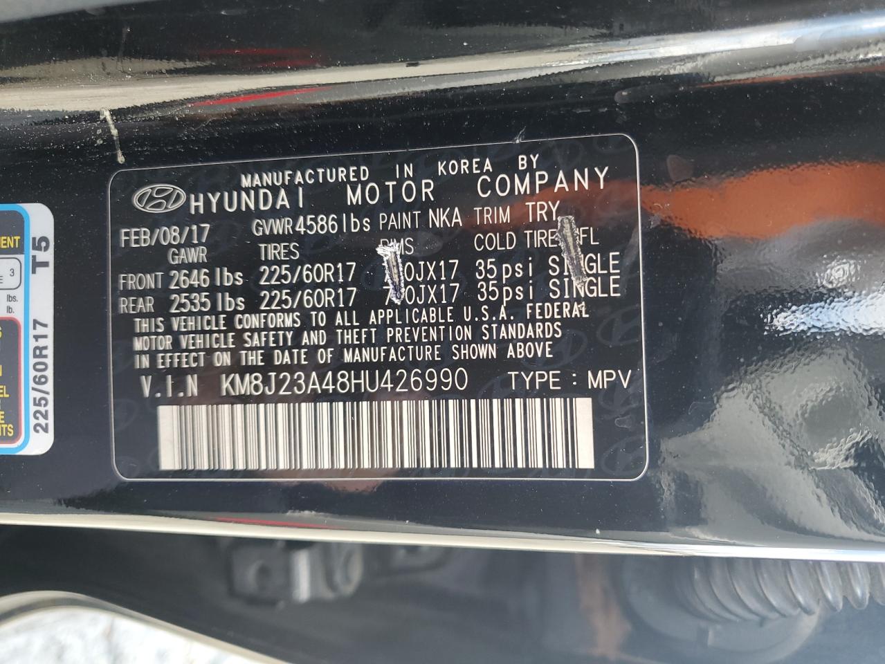 2017 Hyundai Tucson Se VIN: KM8J23A48HU426990 Lot: 81696985