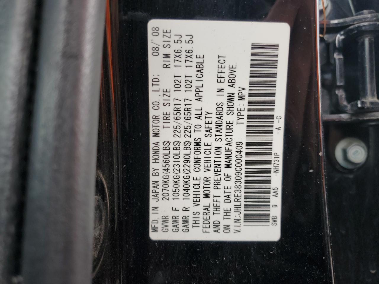 2009 Honda Cr-V Lx VIN: JHLRE38309C000409 Lot: 71528155