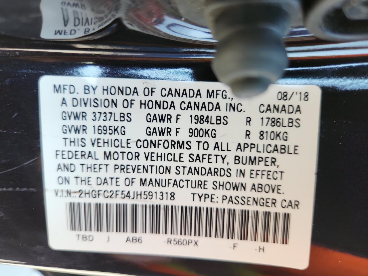 2018 Honda Civic Lx VIN: 2HGFC2F54JH591318 Lot: 71212625