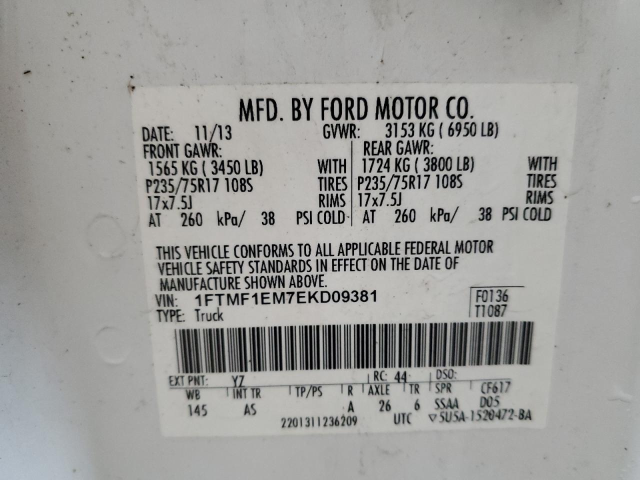 2014 Ford F150 VIN: 1FTMF1EM7EKD09381 Lot: 85949765