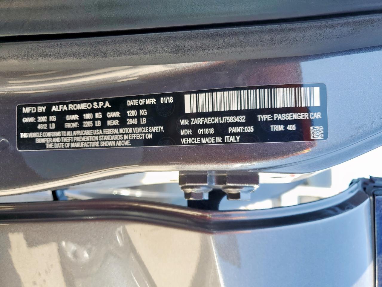 2018 Alfa Romeo Giulia Ti VIN: ZARFAECN1J7583432 Lot: 71325705
