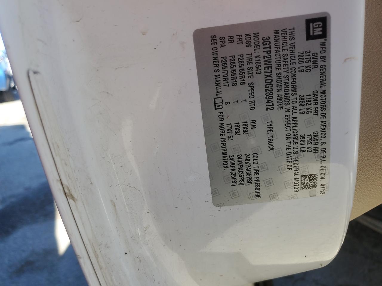 2013 GMC Sierra K1500 Slt VIN: 3GTP2WE7XDG289472 Lot: 80305145