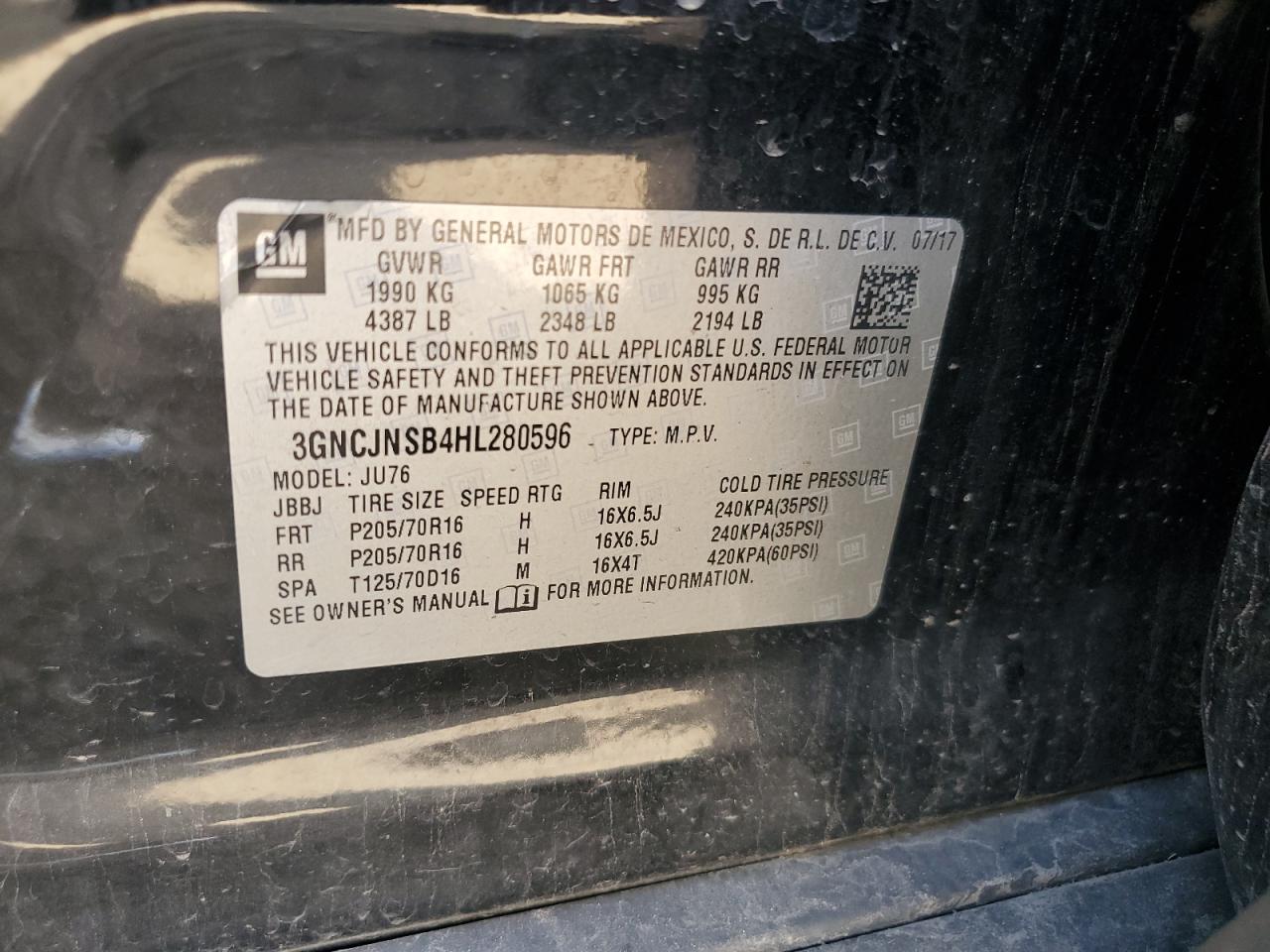 2017 Chevrolet Trax Ls VIN: 3GNCJNSB4HL280596 Lot: 69819095