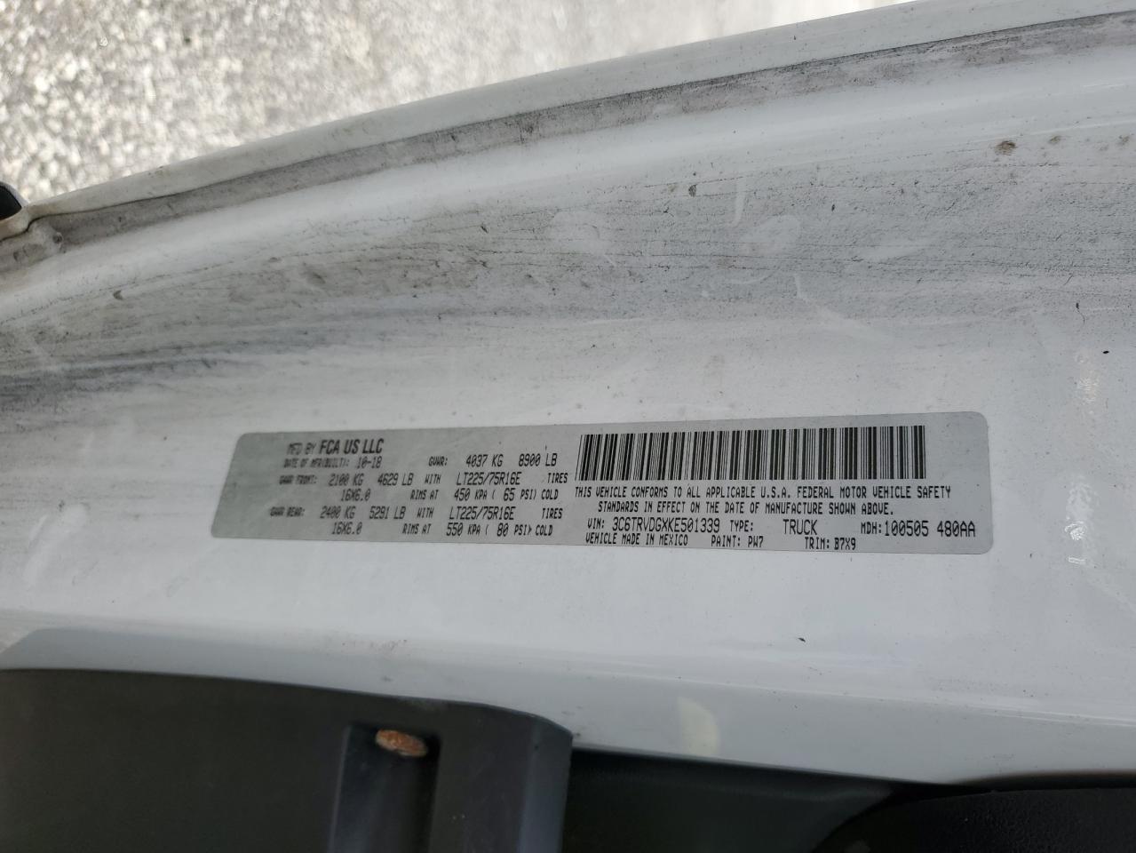 2019 Ram Promaster 2500 2500 High VIN: 3C6TRVDGXKE501339 Lot: 82027485