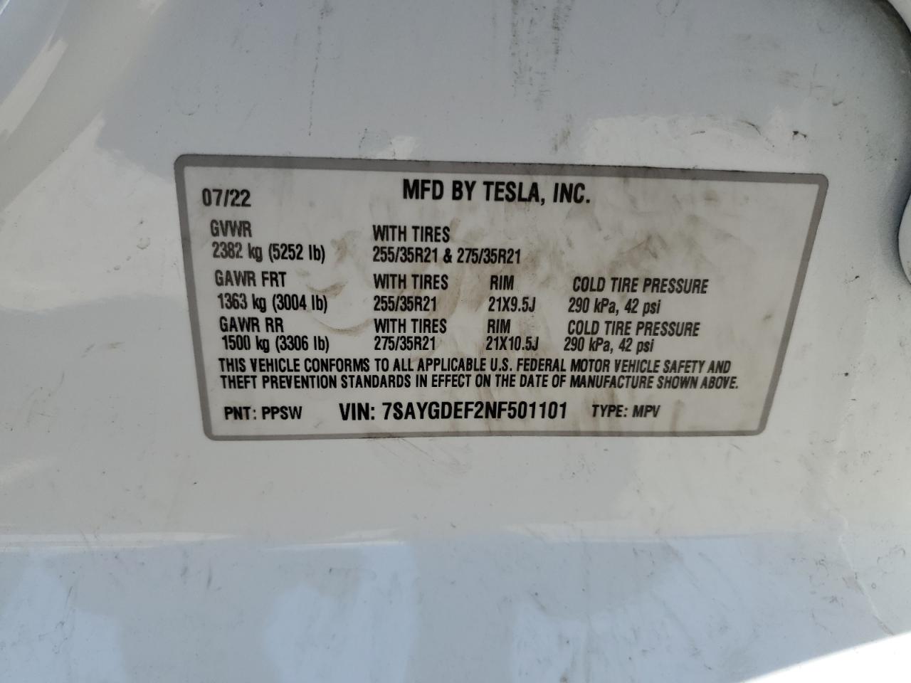 2022 Tesla Model Y VIN: 7SAYGDEF2NF501101 Lot: 71231985