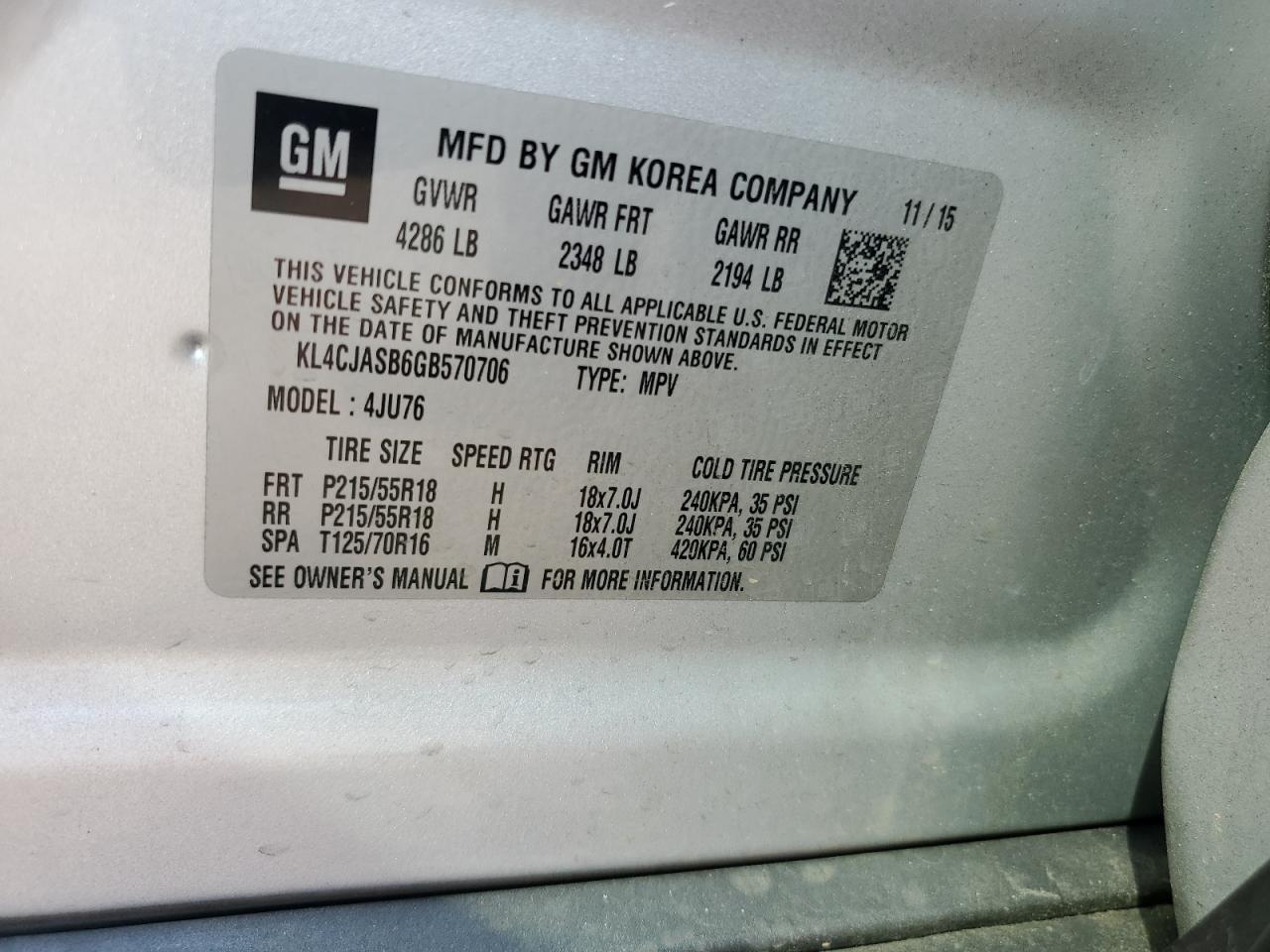 2016 Buick Encore VIN: KL4CJASB6GB570706 Lot: 71403865