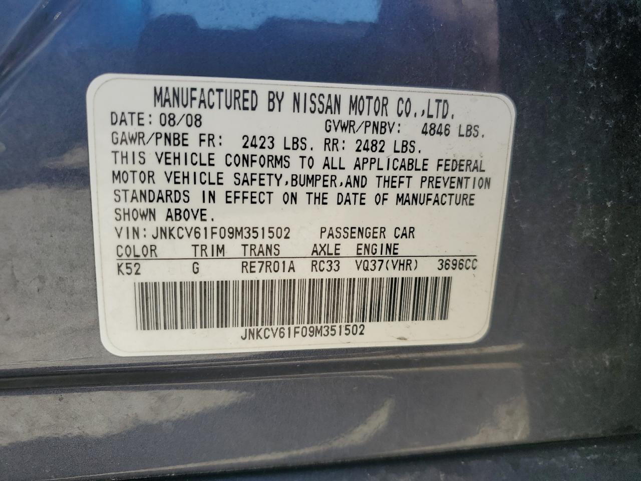 2009 Infiniti G37 VIN: JNKCV61F09M351502 Lot: 81940635