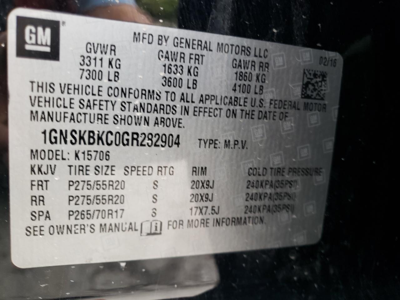 2016 Chevrolet Tahoe K1500 Lt VIN: 1GNSKBKC0GR282904 Lot: 83977385