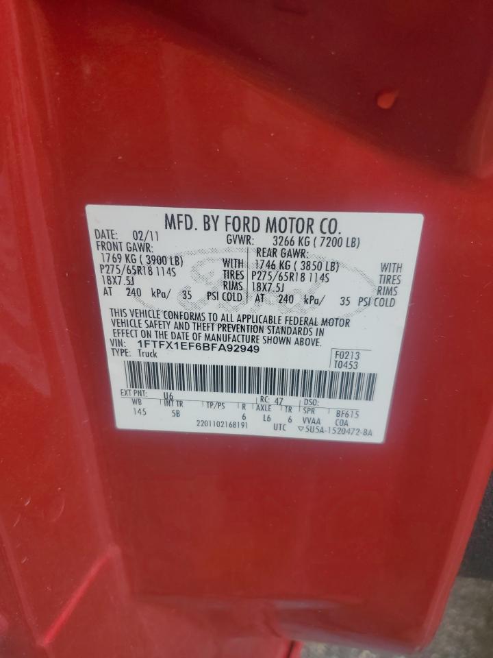 2011 Ford F150 Super Cab VIN: 1FTFX1EF6BFA92949 Lot: 81668595