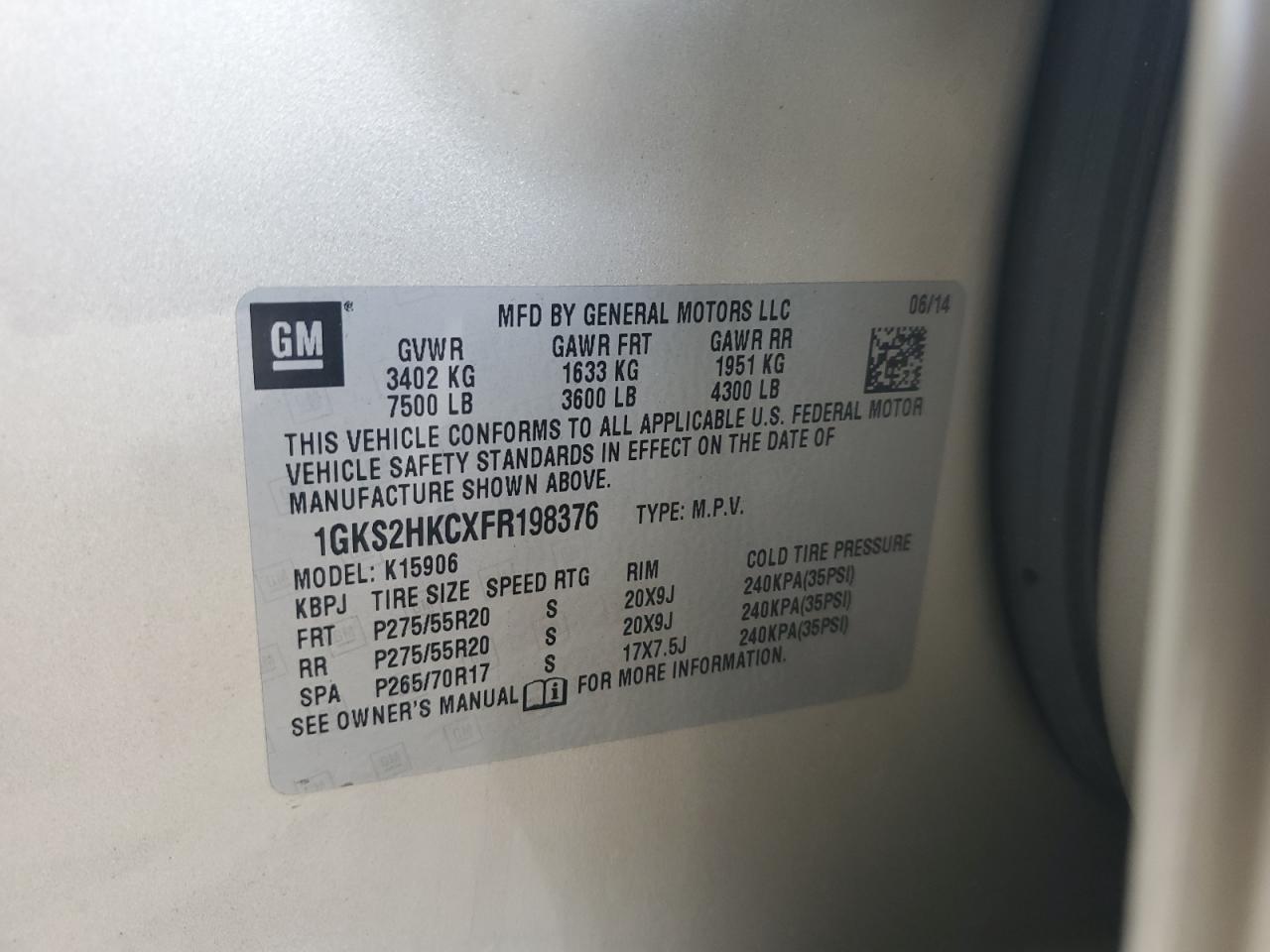 2015 GMC Yukon Xl K1500 Slt VIN: 1GKS2HKCXFR198376 Lot: 81741445