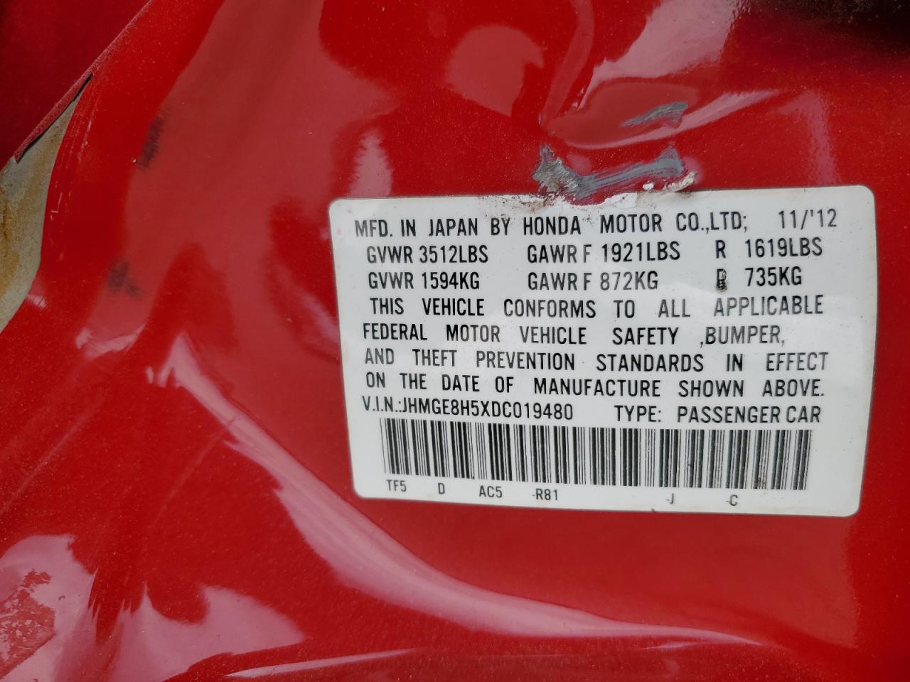 2013 Honda Fit Sport VIN: JHMGE8H5XDC019480 Lot: 81882595