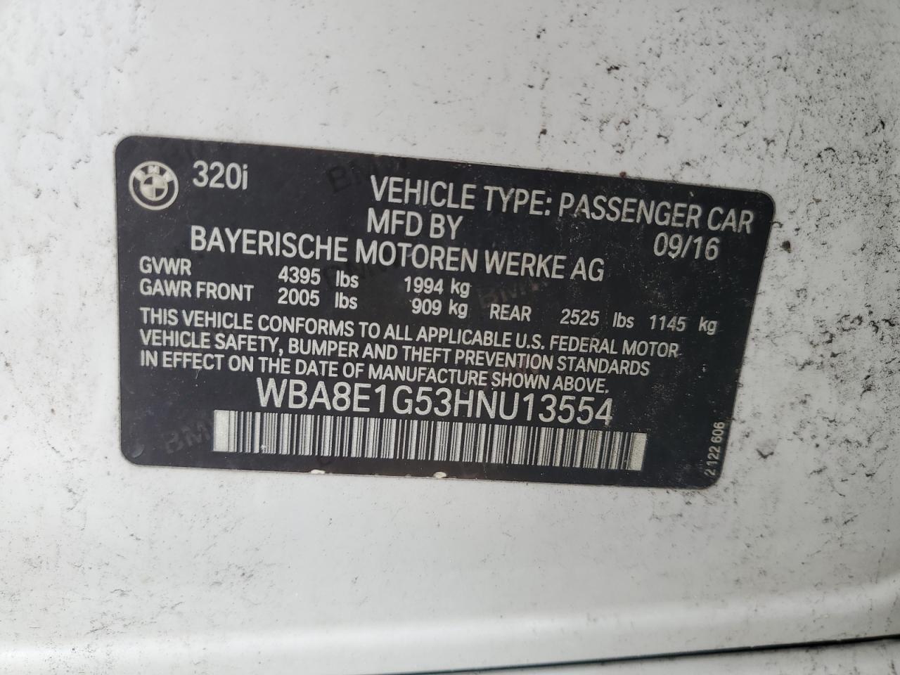 2017 BMW 320 I VIN: WBA8E1G53HNU13554 Lot: 80698265