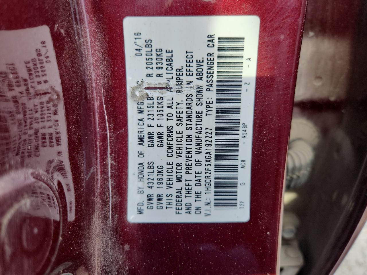 2016 Honda Accord Sport VIN: 1HGCR2F5XGA192227 Lot: 71307845