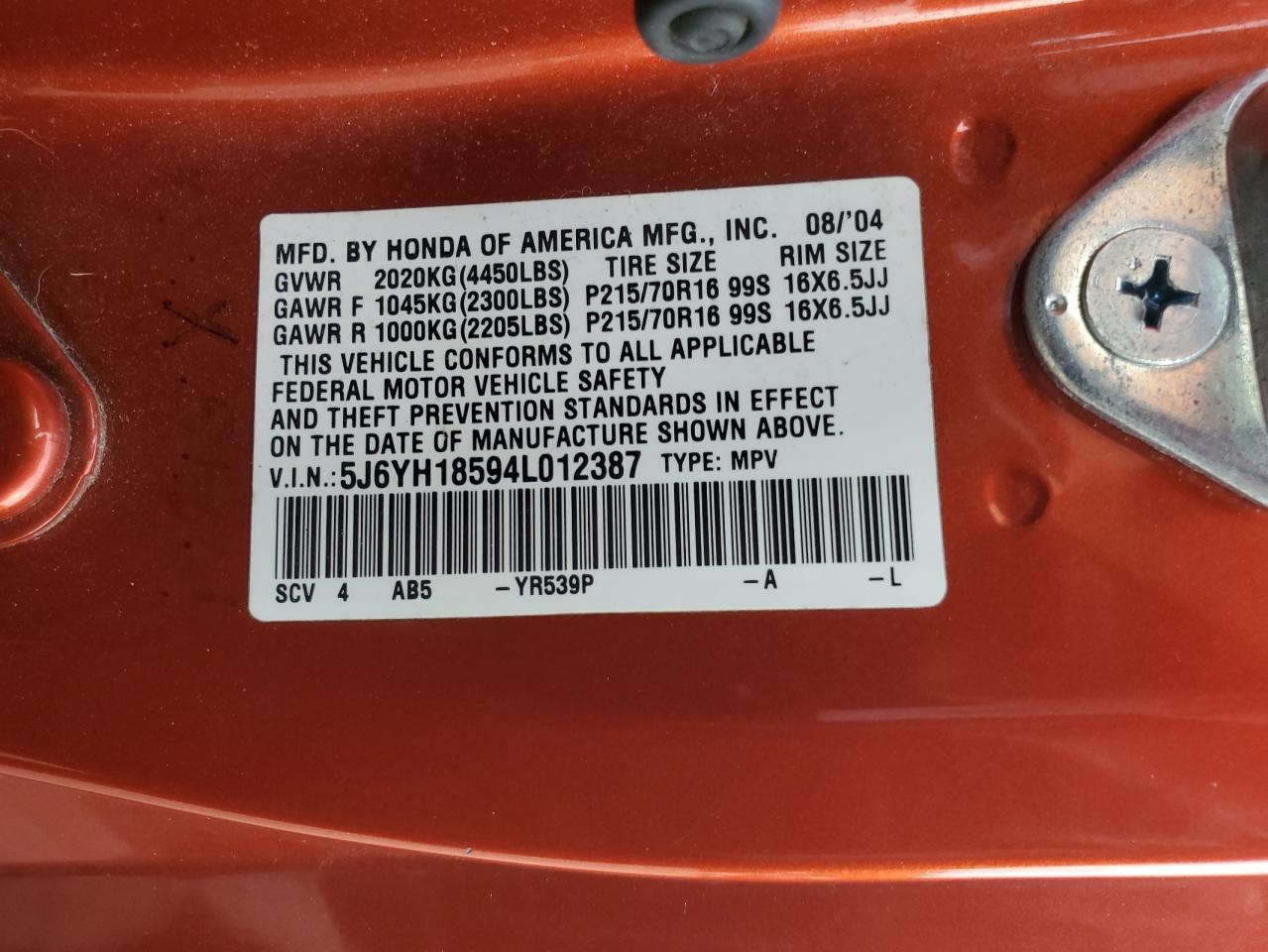 2004 Honda Element Ex VIN: 5J6YH18594L012387 Lot: 81010585
