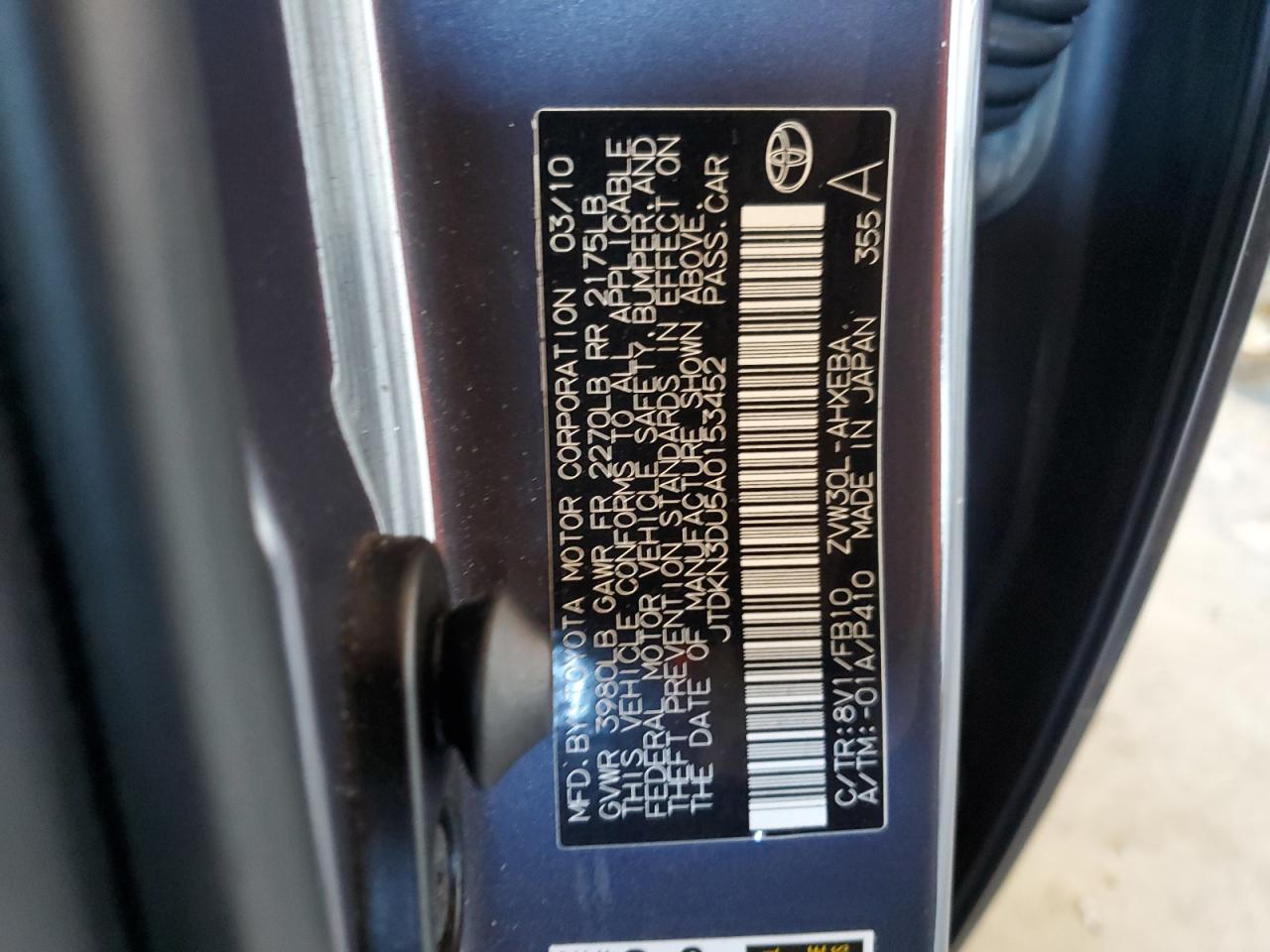 2010 Toyota Prius VIN: JTDKN3DU5A0153452 Lot: 80858025