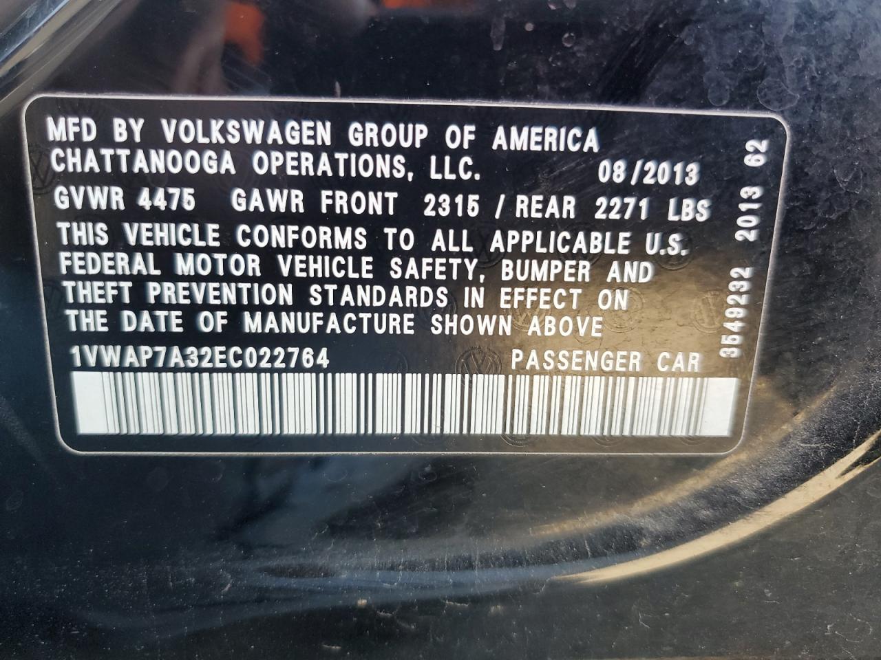 2014 Volkswagen Passat S VIN: 1VWAP7A32EC022764 Lot: 80294885