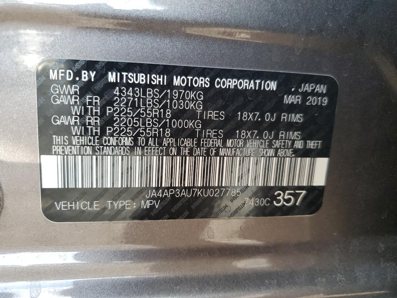 2019 Mitsubishi Outlander Sport Es VIN: JA4AP3AU7KU027785 Lot: 71932825