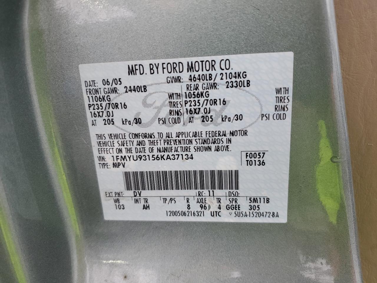 2006 Ford Escape Xlt VIN: 1FMYU93156KA37134 Lot: 81625195