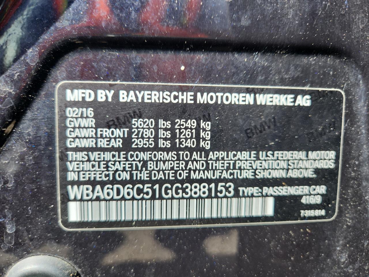 2016 BMW 650 Xi Gran Coupe VIN: WBA6D6C51GG388153 Lot: 80805705