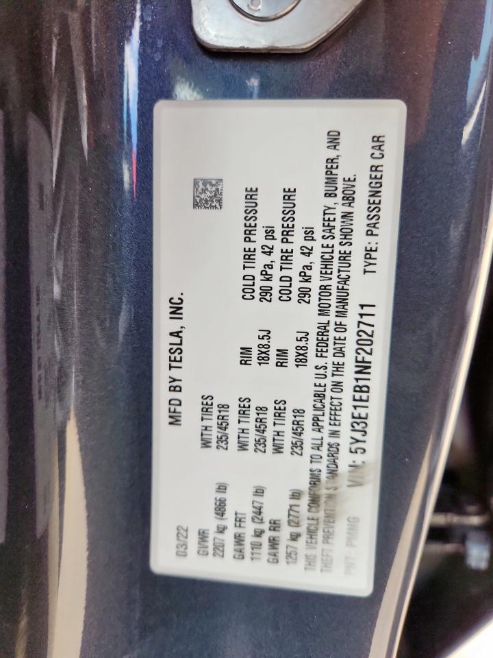 2022 Tesla Model 3 VIN: 5YJ3E1EB1NF202711 Lot: 80894885